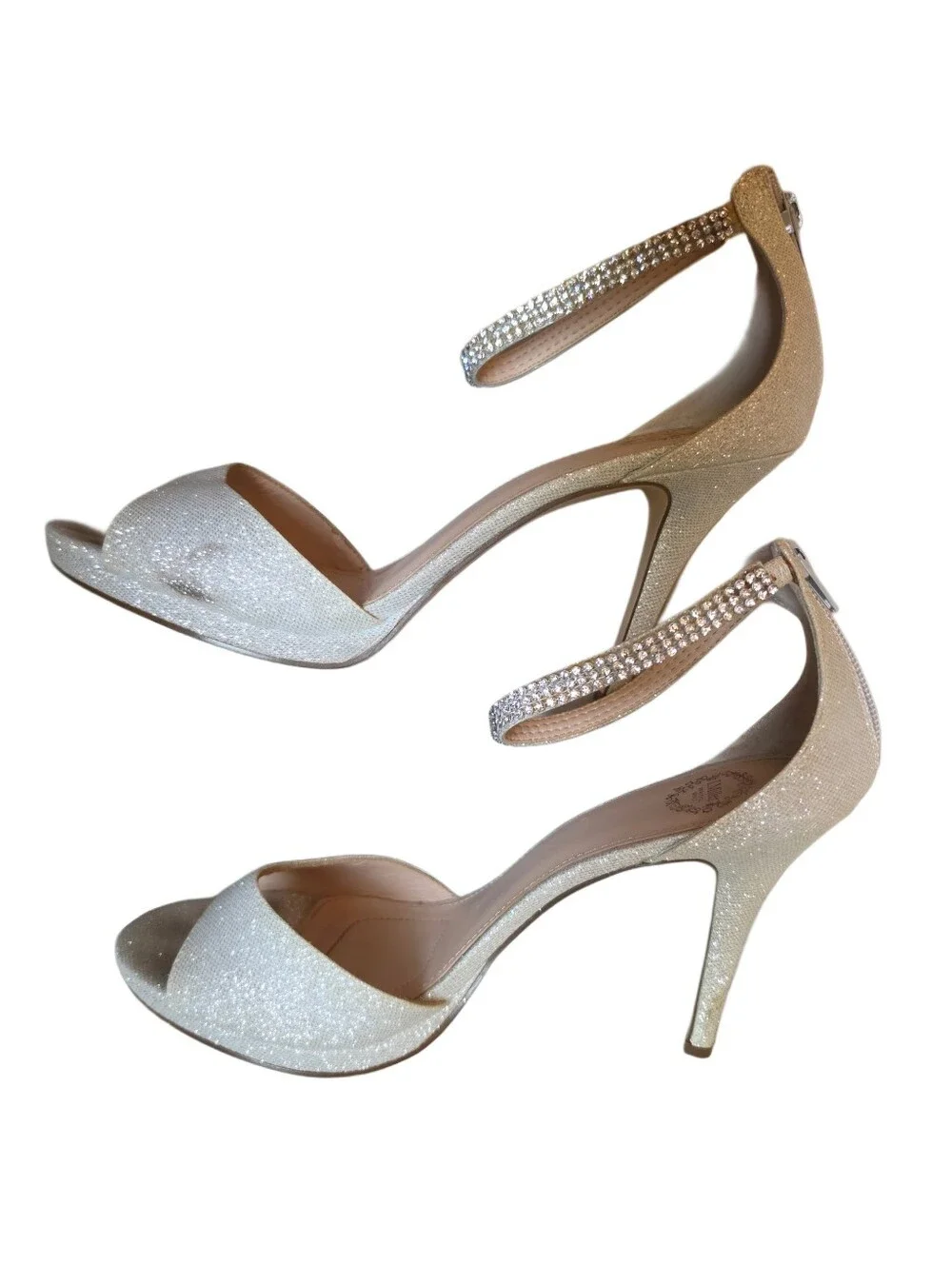 Women Heel Ankle Strap Size 9.5 Silver Sparkle Back Zip Evening Shoes
